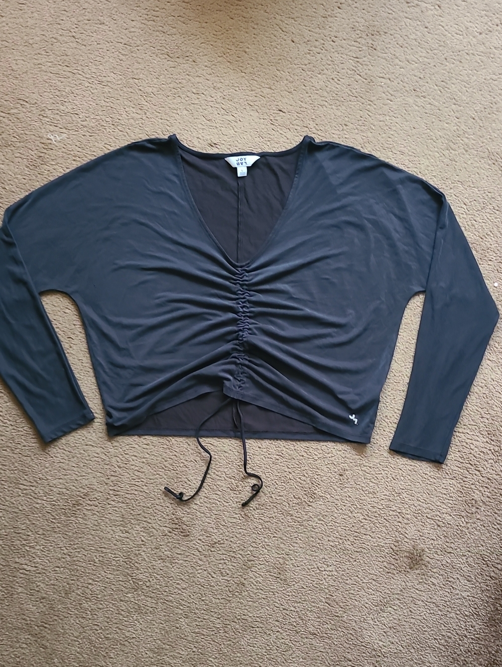 JoyLab Black Ruched Drawcord V-Neck Long Sleeve Top